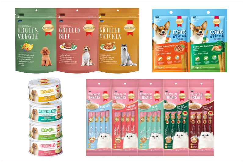 慧心品牌系列罐頭、狗餅乾、肉條、貓肉泥。圖／SmartHeart慧心寵物食品提供